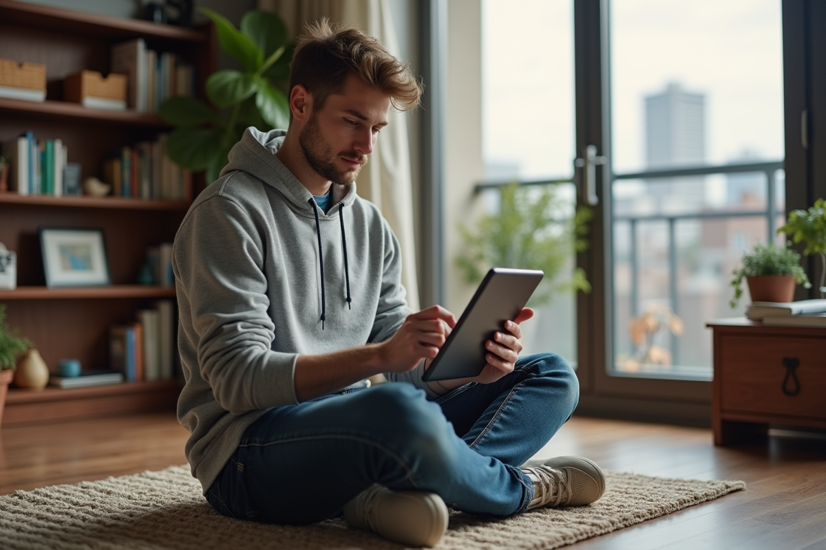 Jeune entrepreneur créant une annonce Facebook sur sa tablette à la maison