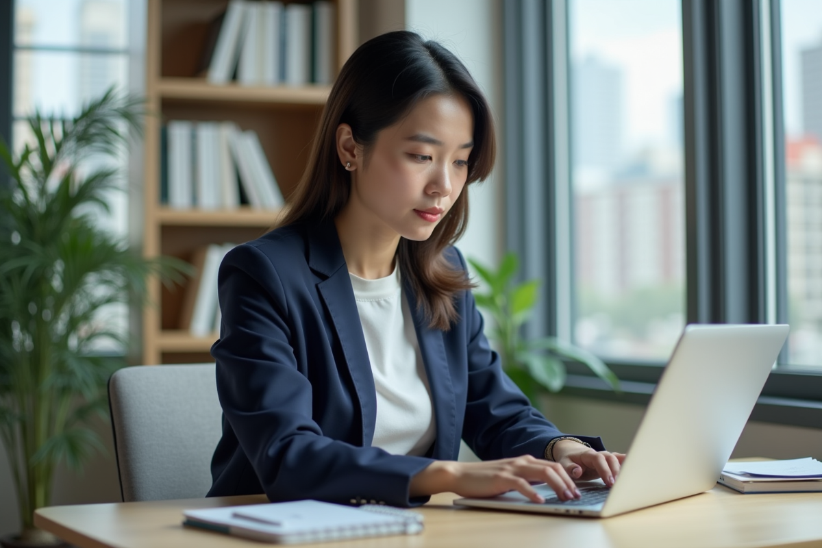 Jeune femme professionnelle concentrée sur son ordinateur au bureau