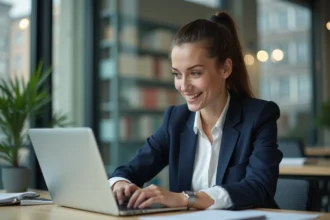 Jeune femme en bureau moderne avec ordinateur et ambiance urbaine
