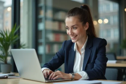Jeune femme en bureau moderne avec ordinateur et ambiance urbaine