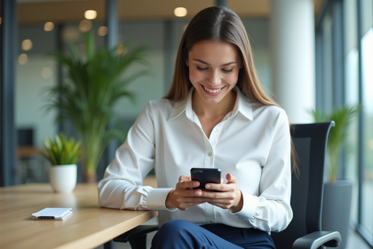 Jeune femme professionnelle souriante avec smartphone au bureau