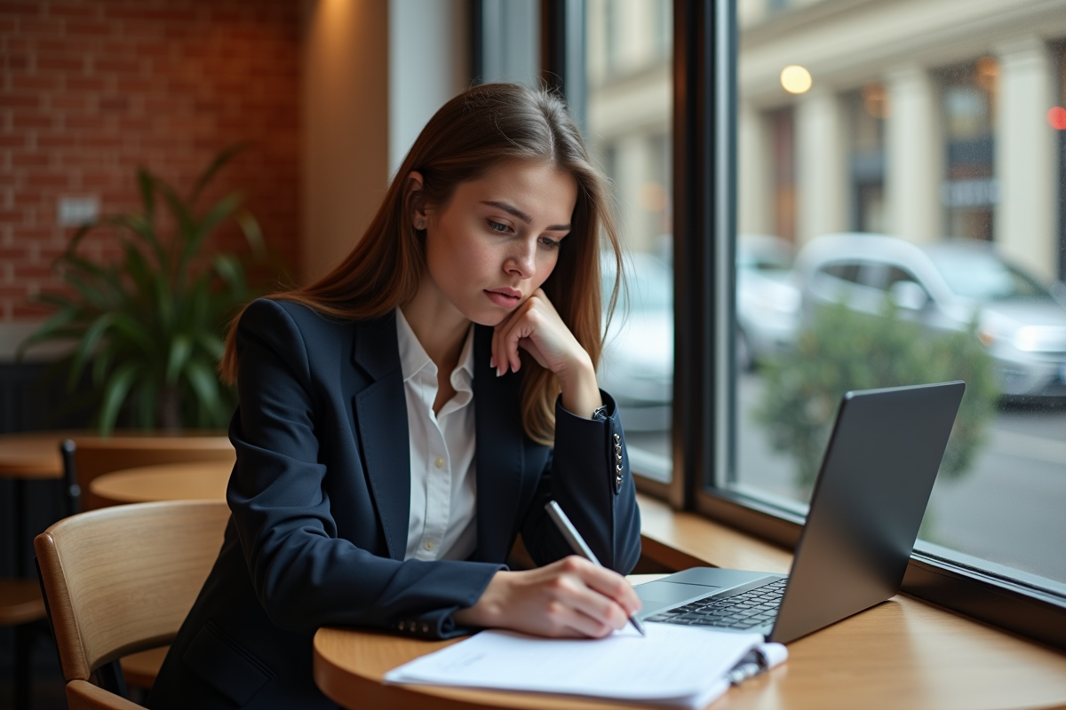 Jeune entrepreneure écrivant sur un SWOT dans un café
