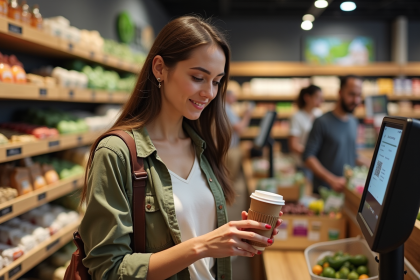 Jeune femme avec tasse réutilisable dans un supermarché écologique