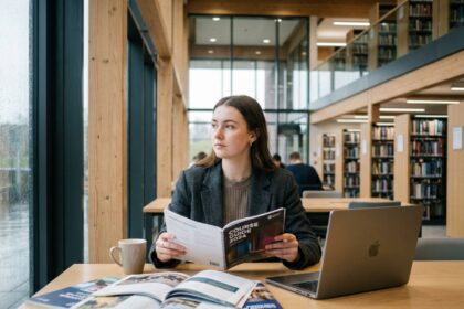 Jeune femme pensante dans une bibliothèque moderne