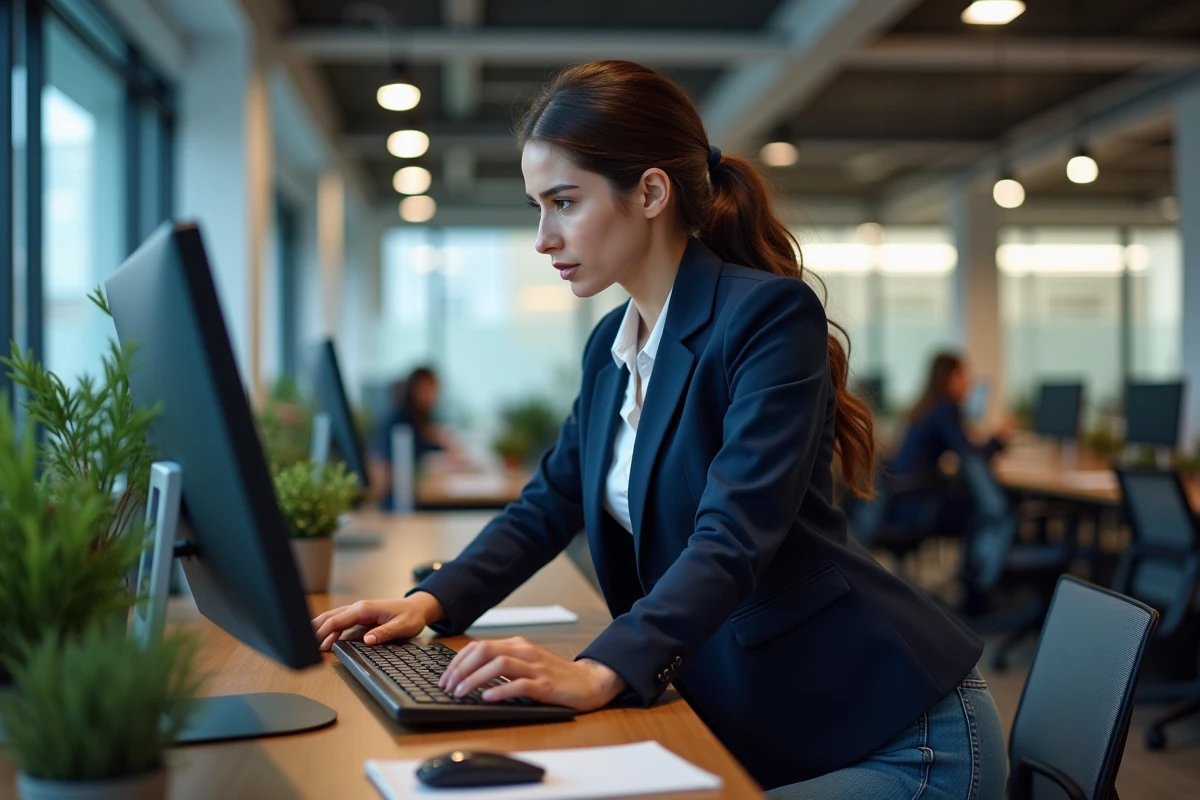 Jeune femme quittant son poste de coworking en toute vigilance