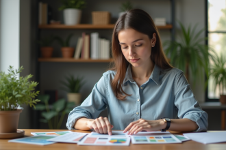 Jeune femme arrangeant des flyers colorés dans un bureau moderne
