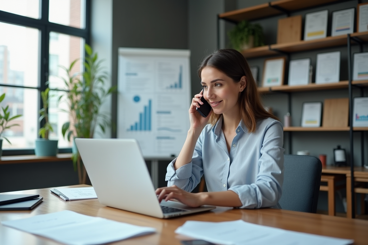 Jeune femme travaillant sur son ordinateur en réunion