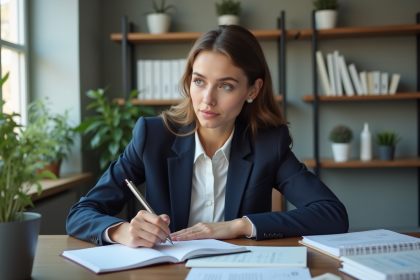 Jeune femme professionnelle prenant des notes dans un bureau lumineux