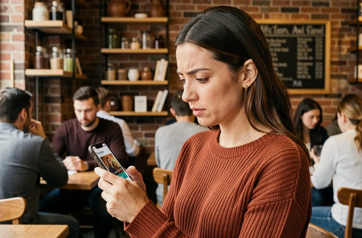 Jeune femme regardant une publicité ciblée sur son smartphone dans un café urbain branché