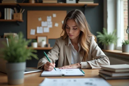 Jeune femme en home office sketchant des idées sur un notepad