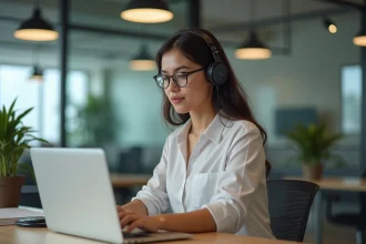 Jeune femme en bureau moderne travaillant sur un ordinateur