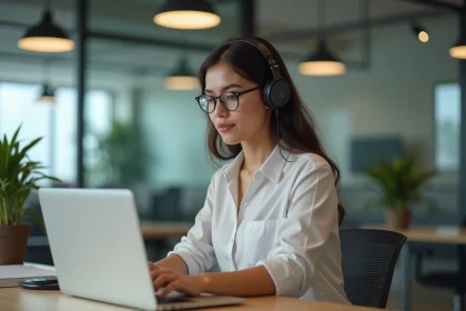 Jeune femme en bureau moderne travaillant sur un ordinateur