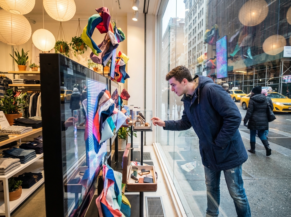 Jeune homme regardant une vitrine interactive en boutique