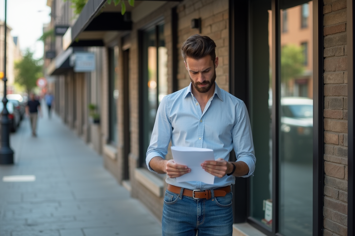 Jeune homme lisant un contrat devant une vitrine de magasin