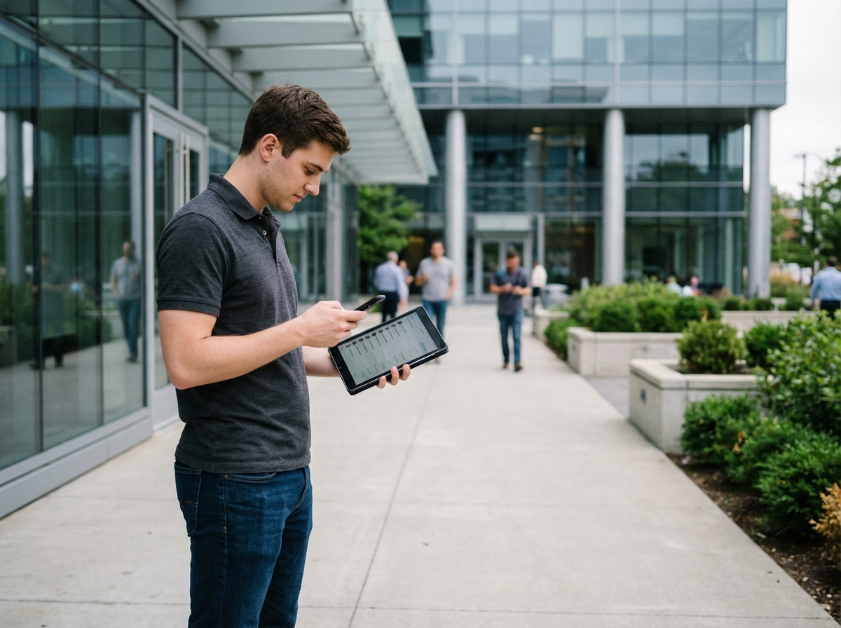 Jeune homme vérifiant une liste sur sa tablette devant un bâtiment