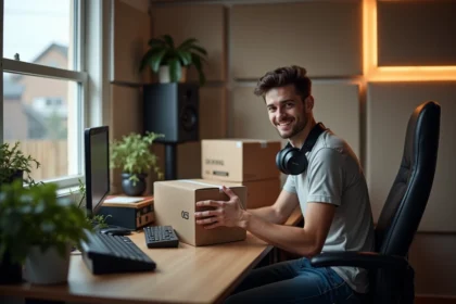 Jeune homme examine un équipement audio en studio