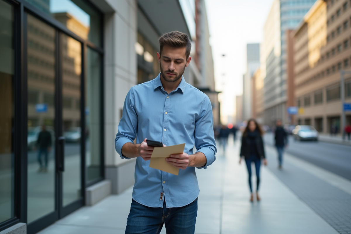 Jeune homme attend devant un bâtiment moderne