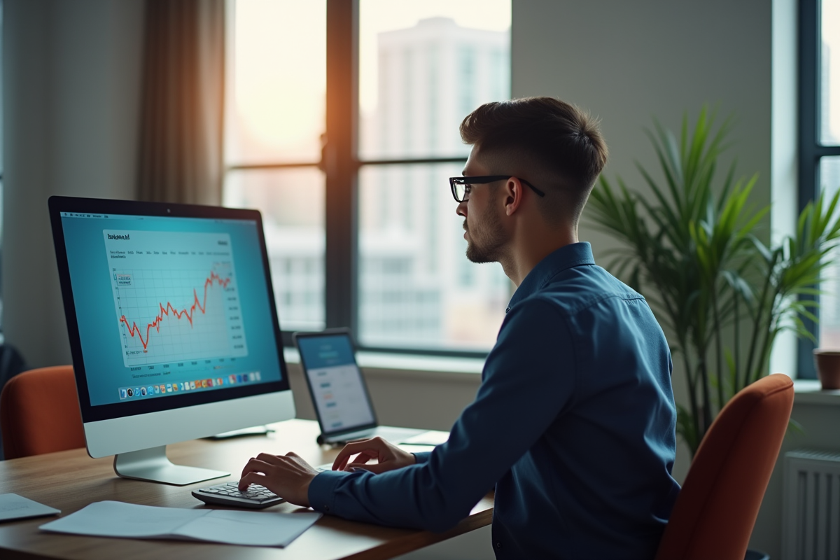 Jeune professionnel travaillant devant un écran de calculs de salaire