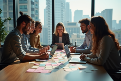 Groupe de jeunes entrepreneurs brainstorming avec notes et ordinateurs