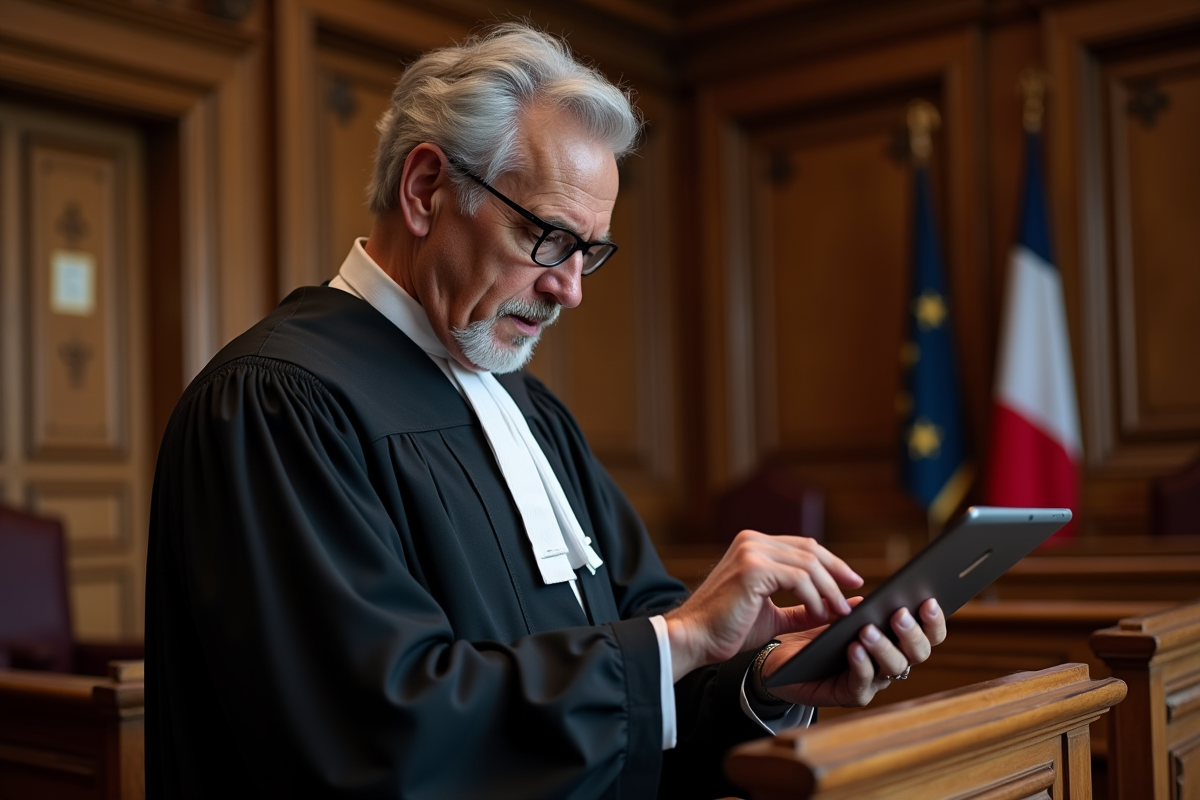Juge examinent un résumé de dossier sur tablette en tribunal