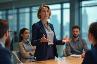 Une leader émotionnelle en blazer marine s'adresse à son équipe avec empathie lors d'une réunion en open space moderne