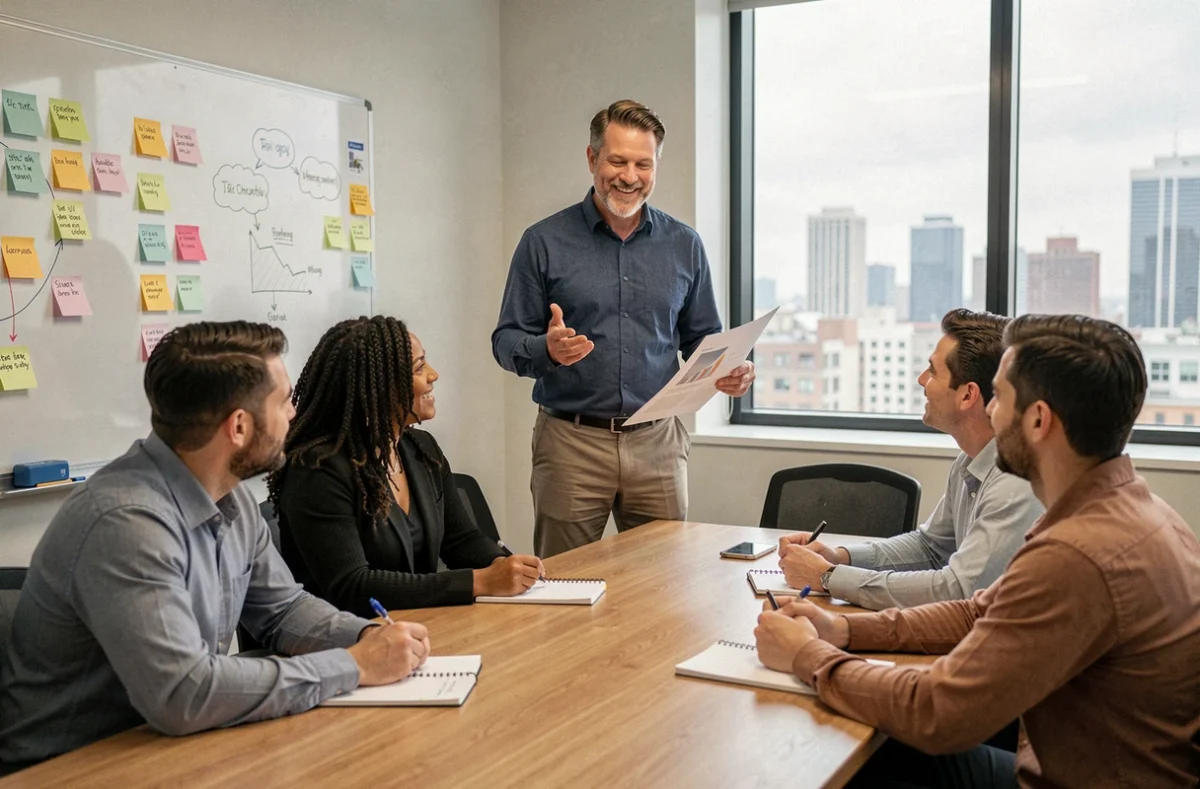 Chef d'équipe présentant un document à ses collègues lors d'un brainstorming, représentant le leadership et l'esprit d'équipe en entreprise
