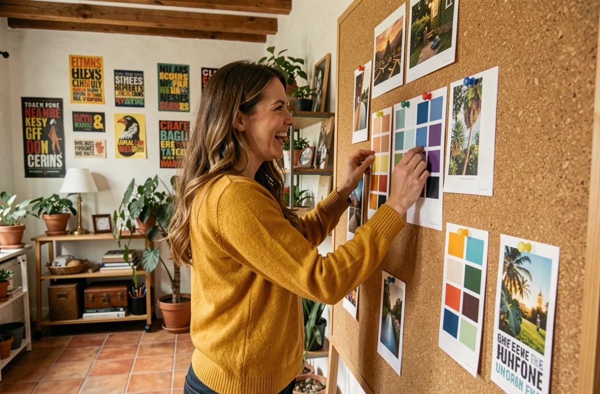 Créatrice de l'agence Les Idées Fraîches affichant des planches d'inspiration colorées dans un studio créatif chaleureux