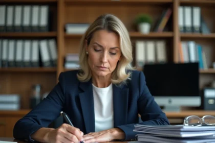 Femme rédigeant une lettre de dénonciation anonyme à l'URSSAF sur papier dans un bureau à domicile