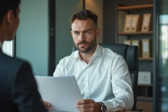 Homme recevant une lettre de licenciement lors d'un entretien RH dans un bureau d'entreprise