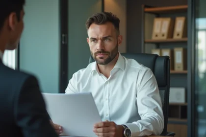Homme recevant une lettre de licenciement lors d'un entretien RH dans un bureau d'entreprise