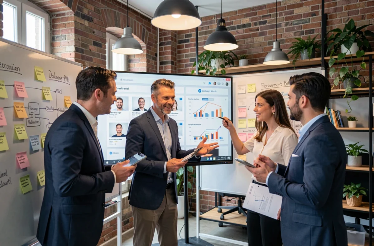 Équipe de consultants Linking Talents collaborant sur des profils candidats dans leur bureau de Boulogne-Billancourt