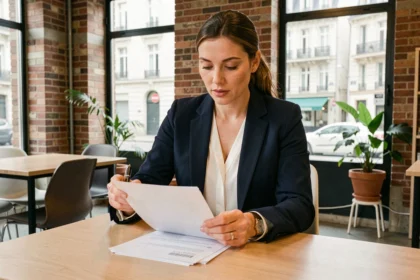 Femme professionnelle consultant un contrat de location de bureau dans un espace de coworking moderne à Poitiers