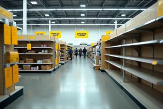 Rayons à moitié vides dans un magasin discount en cours de fermeture avec des panneaux de liquidation jaunes