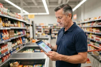 Manager en magasin Auchan consultant un planning numérique sur tablette grâce au logiciel RH HR4YOU