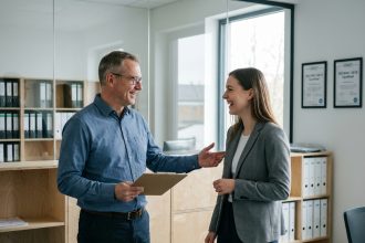 Manager qualité en discussion avec collègue au bureau
