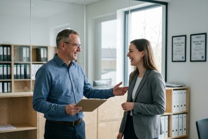 Manager qualité en discussion avec collègue au bureau