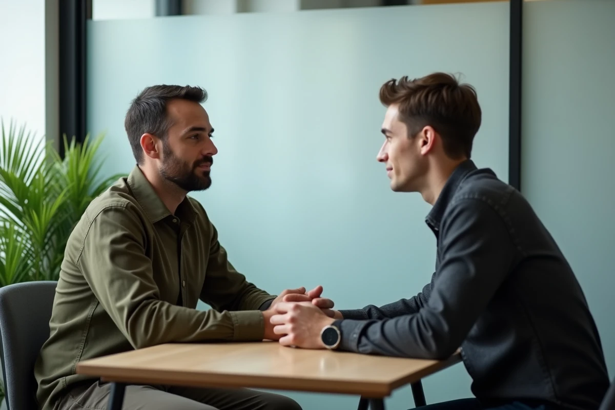 Un manager bienveillant pratique l'écoute active avec un collaborateur dans un espace de travail calme, incarnant le leadership émotionnel