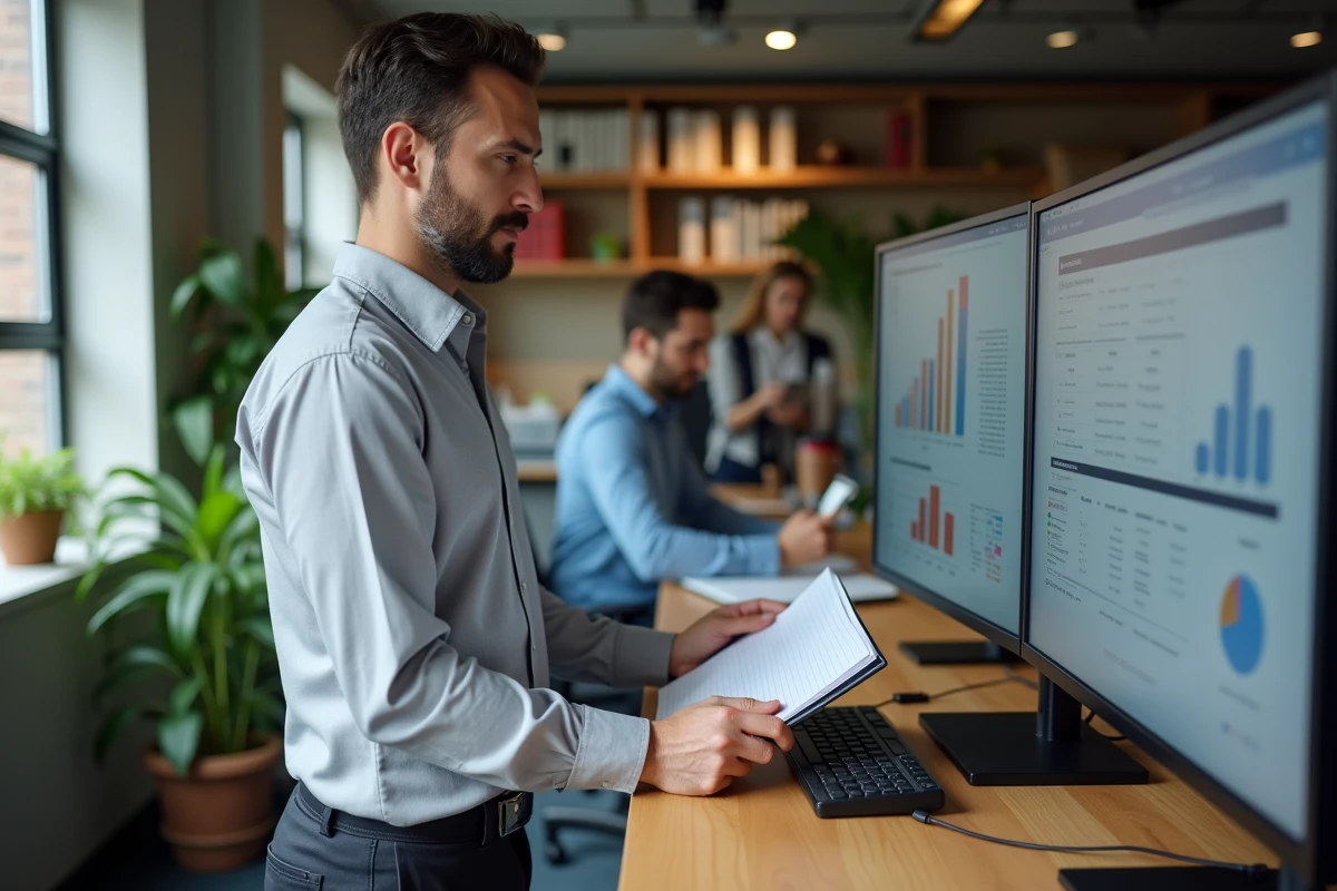 Manager consultant vérifiant les obligations RH et formation sur une plateforme numérique de conformité