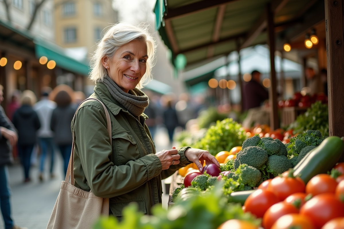 Femme examinant des légumes bio au marché urbain