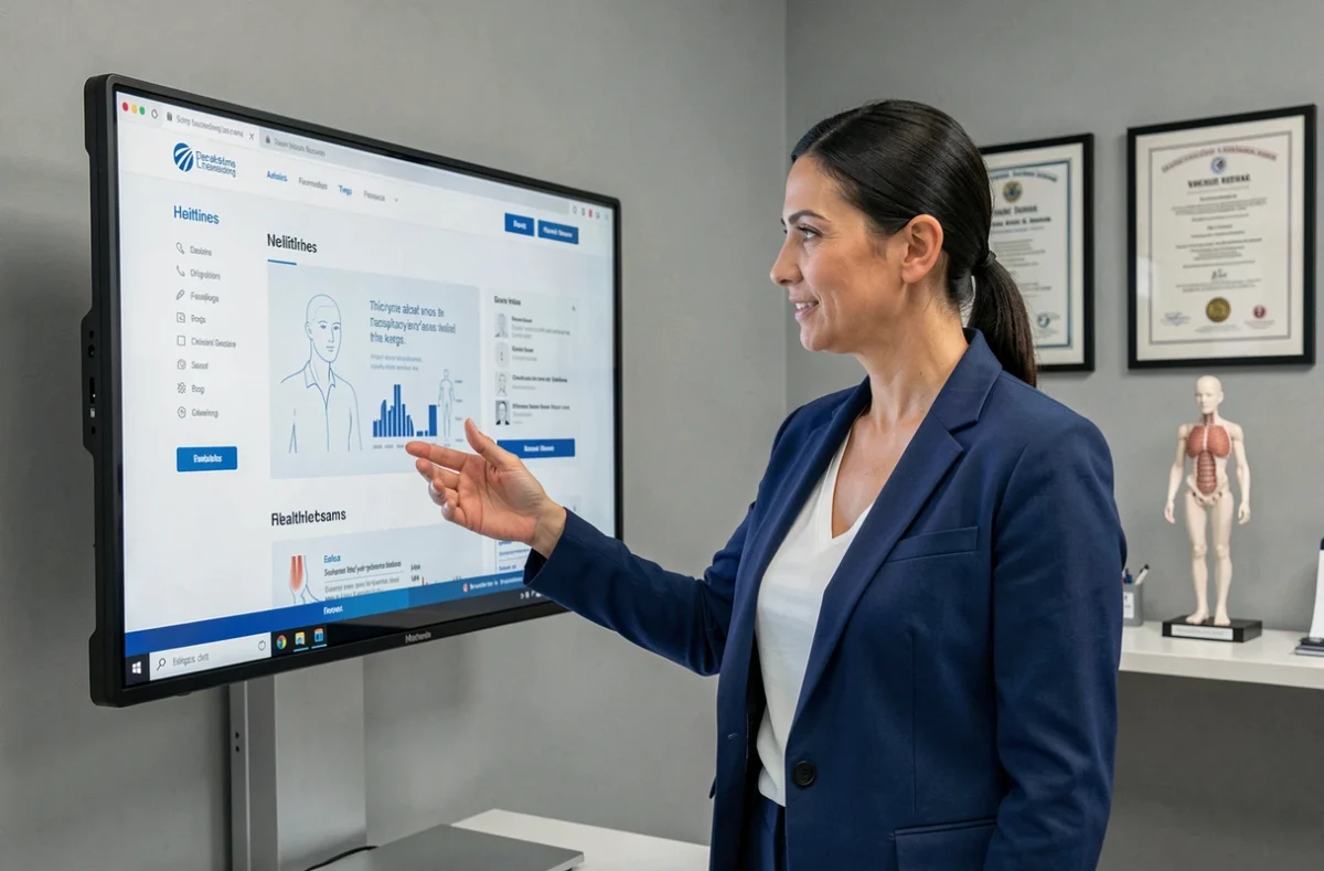 Responsable de l'agence MediAdvance présentant un prototype de site web médical sur un grand écran tactile