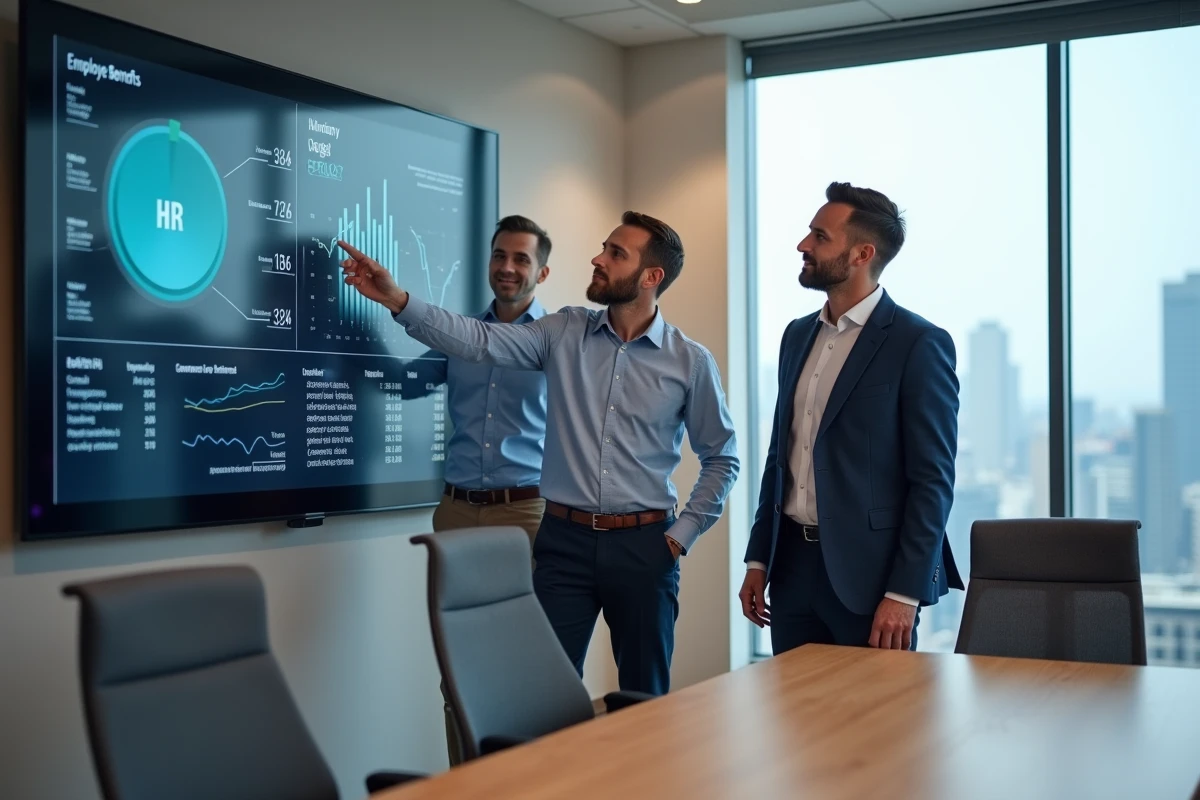 Membres d'un CSE collaborant autour d'un écran interactif affichant des tableaux de bord RH, symbolisant la gestion numérique des avantages salariés