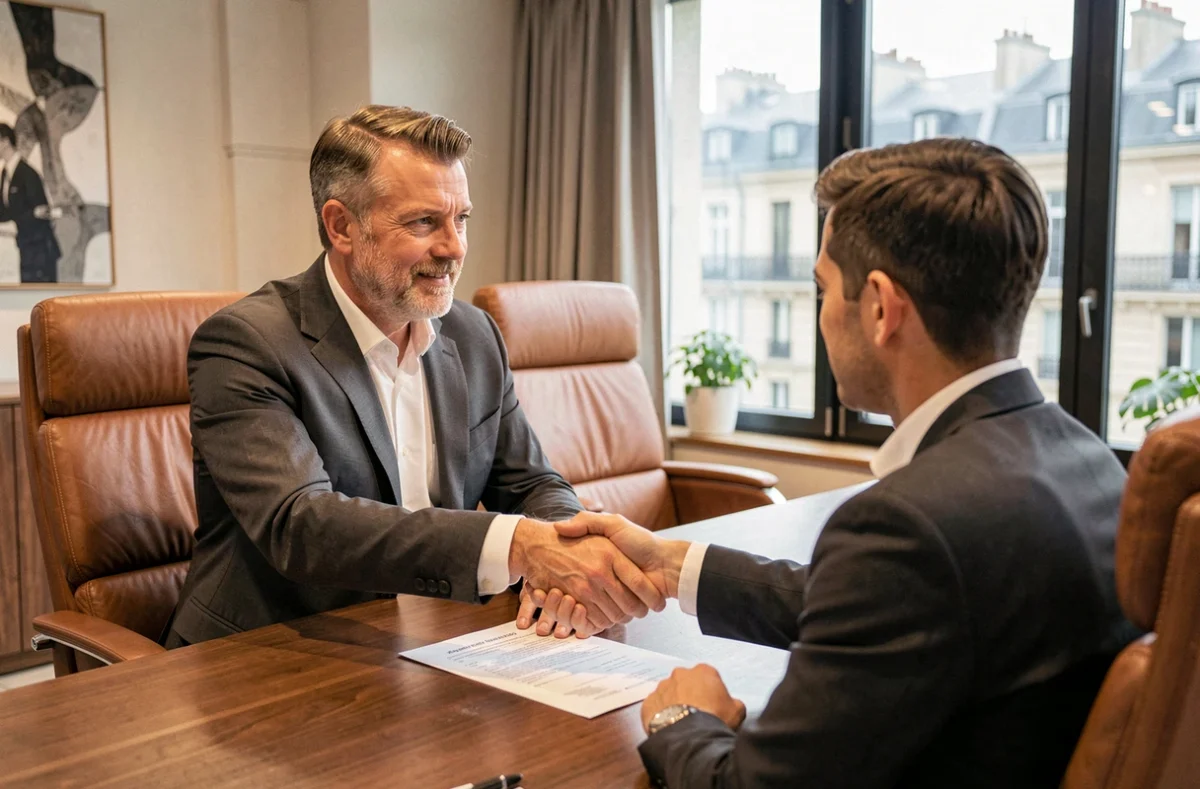 Consultant Michael Page en entretien avec un candidat dans un bureau moderne à Neuilly-sur-Seine