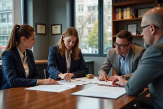 Membres d'une association réunis autour d'une table pour réviser et modifier les statuts de leur organisation en croissance