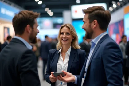 Femme d'affaires échangeant des cartes de visite avec des professionnels lors d'un événement networking B2B pour générer des leads