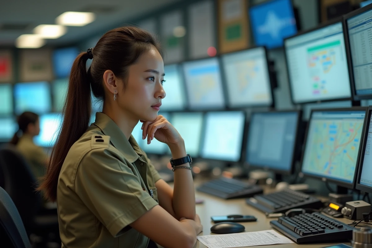 Jeune opératrice de transit en uniforme dans une salle de contrôle