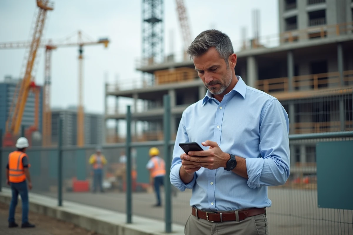 Homme sur site de construction avec smartphone