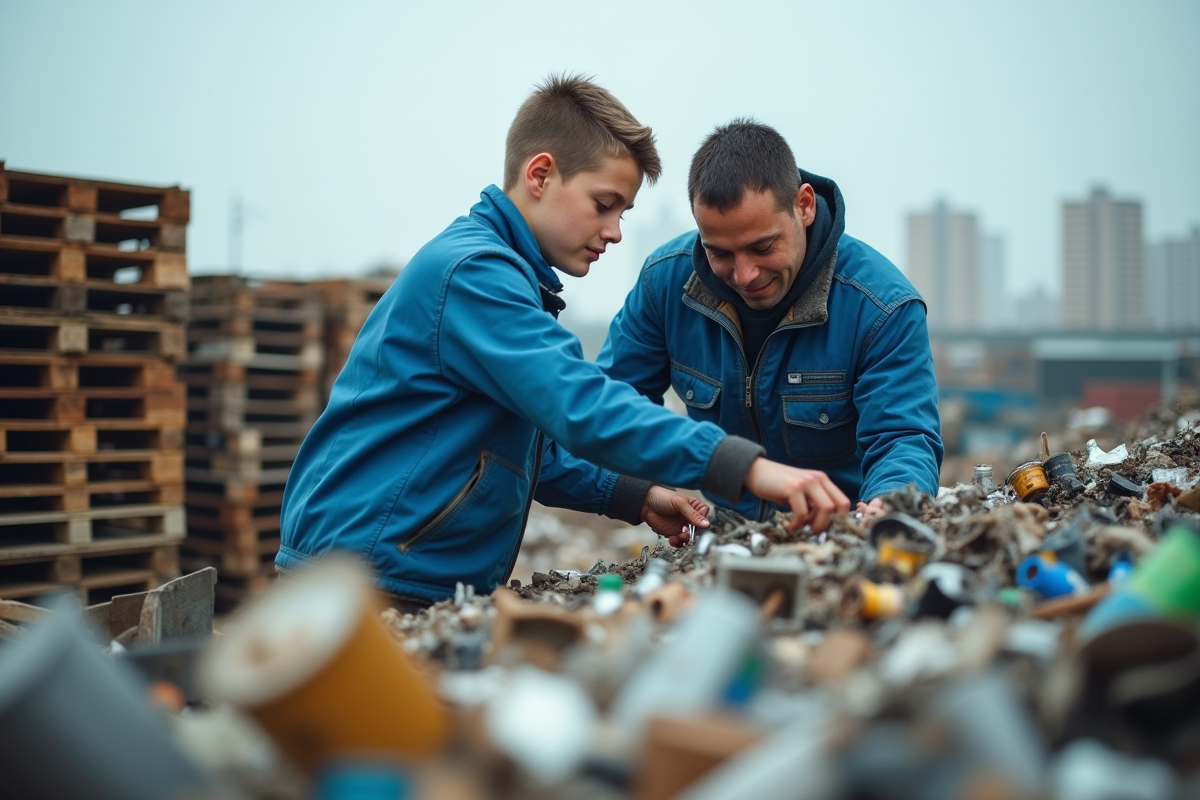 Jeune homme triant des déchets dans une installation urbaine