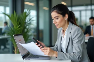 Une professionnelle consulte un document papier et son smartphone face à un message d'erreur sur son ordinateur lors d'une panne de l'intranet Inetum