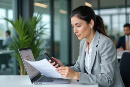 Une professionnelle consulte un document papier et son smartphone face à un message d'erreur sur son ordinateur lors d'une panne de l'intranet Inetum