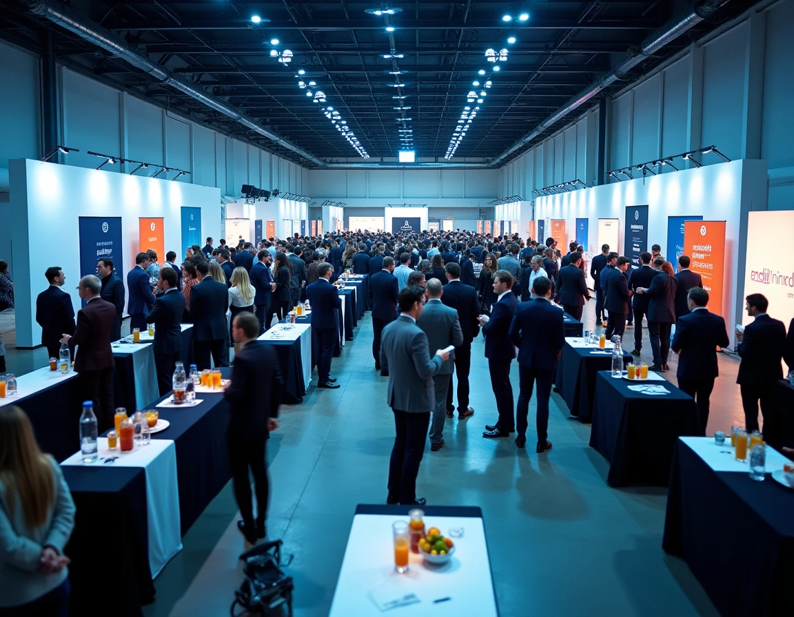Vue panoramique d'un salon professionnel avec des dirigeants d'entreprises en networking lors d'une pause cocktail pour développer leur portefeuille de leads